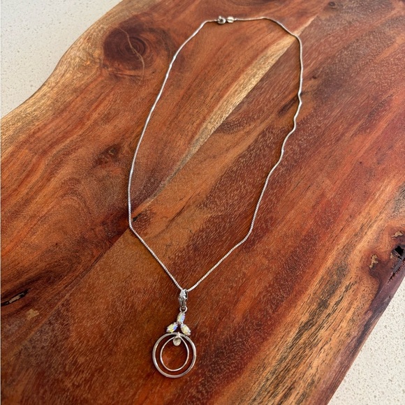 Sterling Silver Opal Pendant Necklace 925 Chain 17” Modern Double Circle Design - Picture 3 of 9